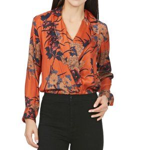 Orange Floral print Faux wrap Bodysuit